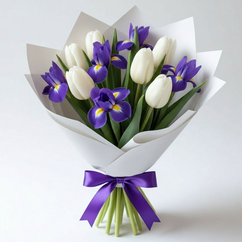 "Весенняя симфония". Букет ирисов и тюльпанов
