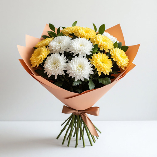 "Лучистое облако". Букет хризантем разных оттенков